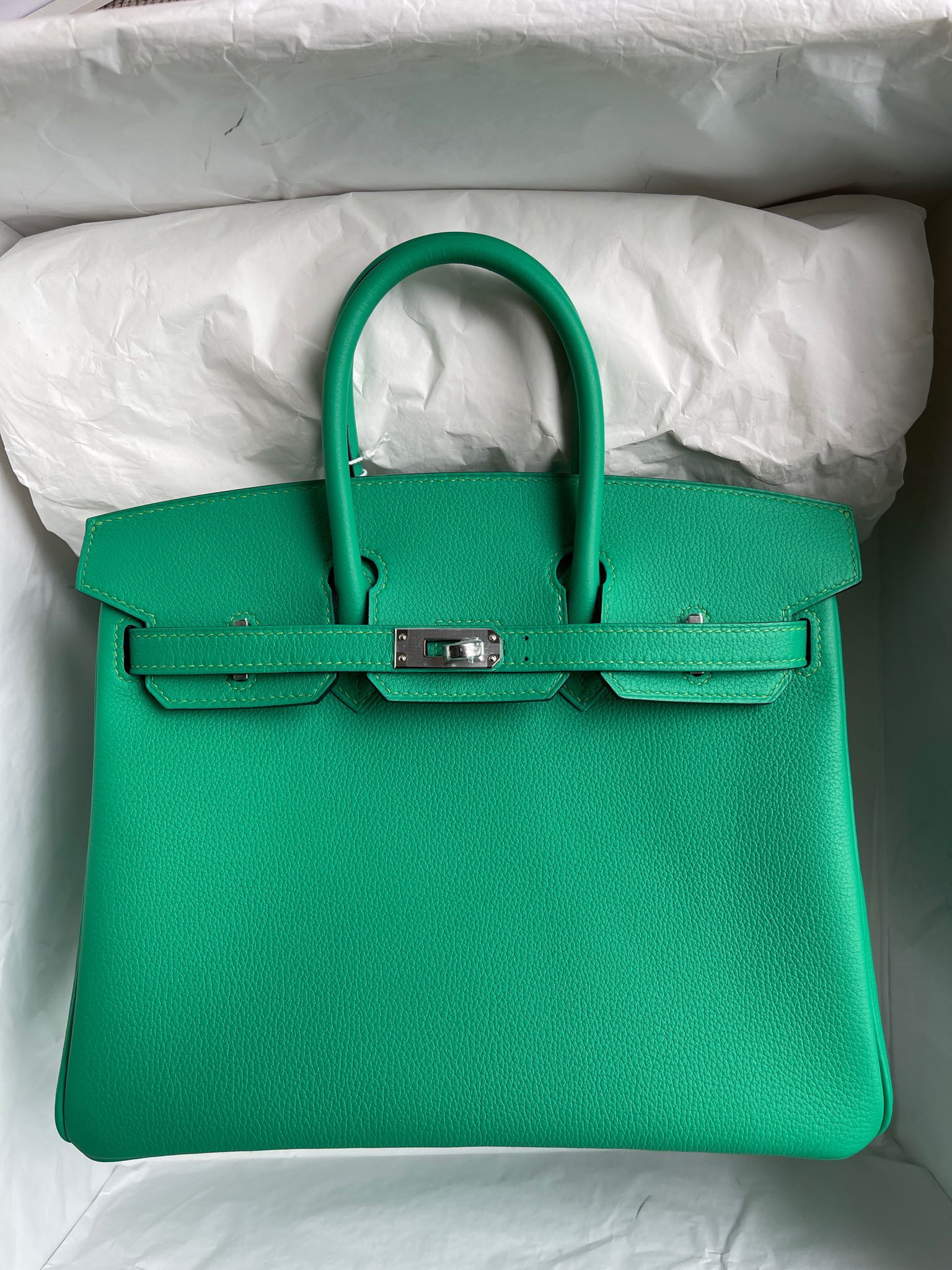 Hermès（爱马仕）Birkin 铂金包 TN皮 U4 丝绒绿 内拼 7G 天青蓝 银扣 25cm 顶级手缝 现货