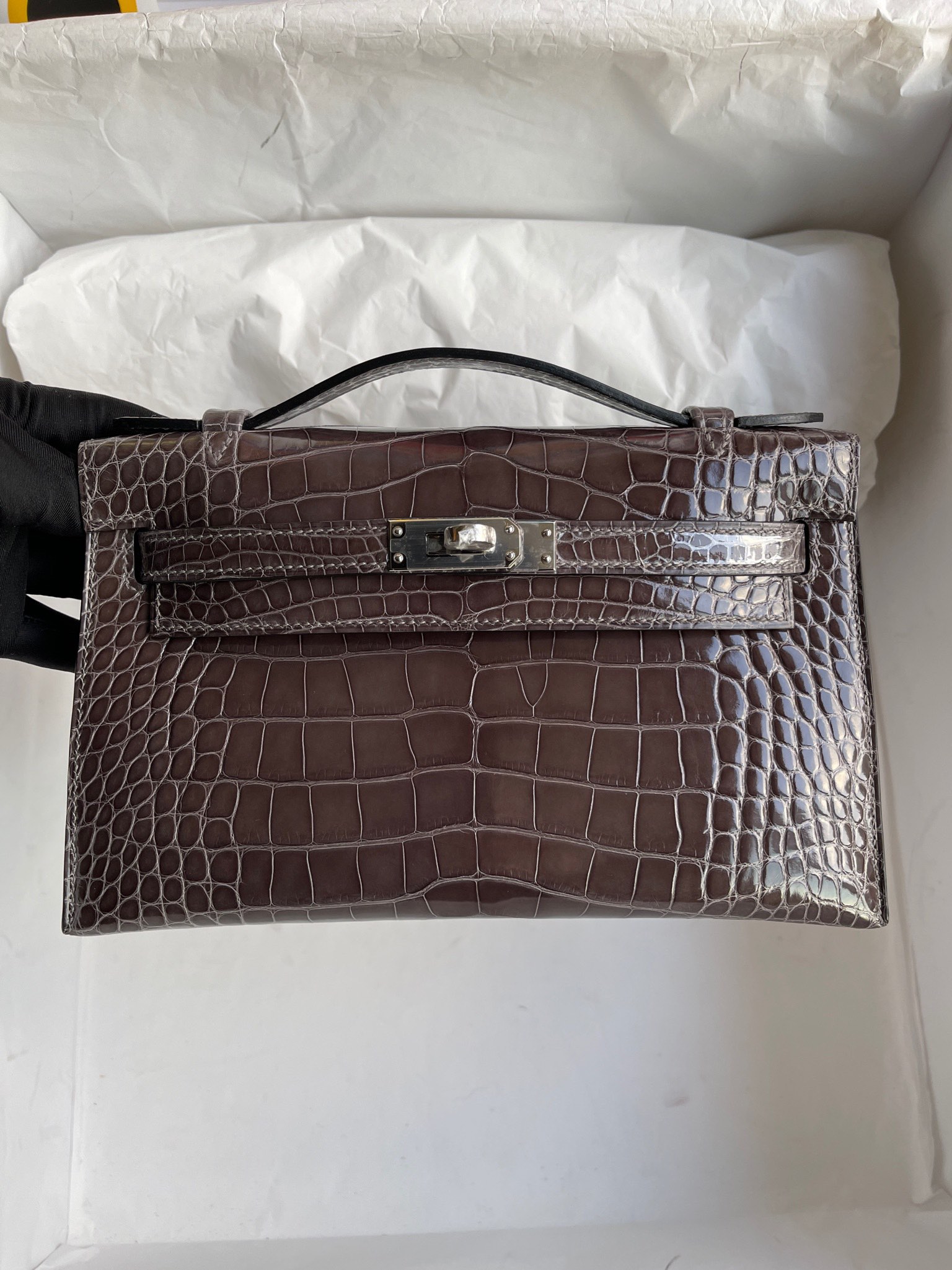 Hermès（爱马仕）Mini kelly pochette Alligator shiny 亮面鳄鱼 石墨灰 graphite 银扣 22cm