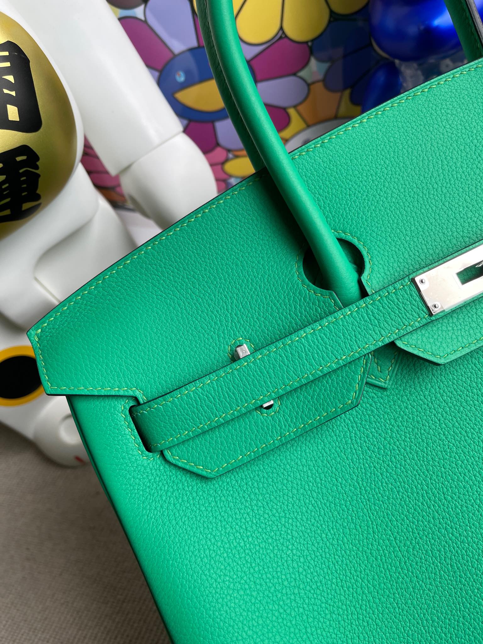 Hermès(爱马仕)Birkin 铂金包 TN皮 U4 丝绒绿 内拼 天堂蓝 银扣 25cm 顶级手缝 现货-拉尔森鳄鱼皮具定制 - 爱马仕包包官网 Hermès(爱马仕)Birkin 铂金包 TN皮 U4 丝绒绿 内拼 天堂蓝 银扣 25cm 顶级手缝 现货