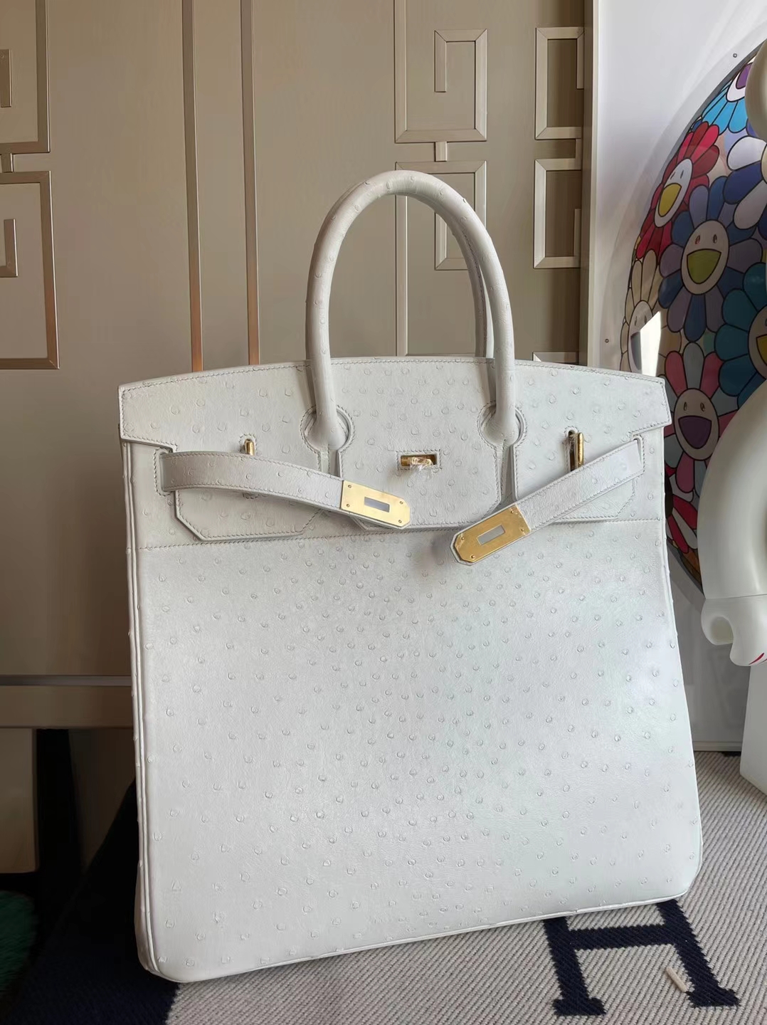 Hermès（爱马仕）HAC Ostrich 进口鸵鸟皮 01 纯白 金扣 40cm 顶级工艺 全手工缝制