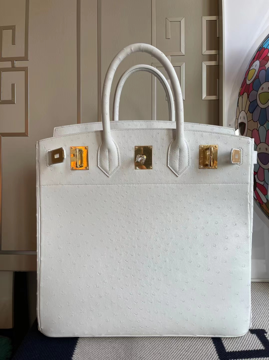Hermès（爱马仕）HAC Ostrich 进口鸵鸟皮 01 纯白 金扣 40cm 顶级工艺 全手工缝制