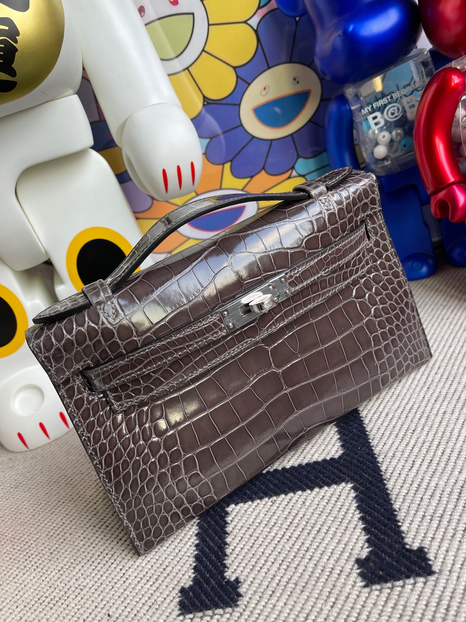 Hermès（爱马仕）Mini kelly pochette Alligator shiny 亮面鳄鱼 石墨灰 graphite 银扣 22cm