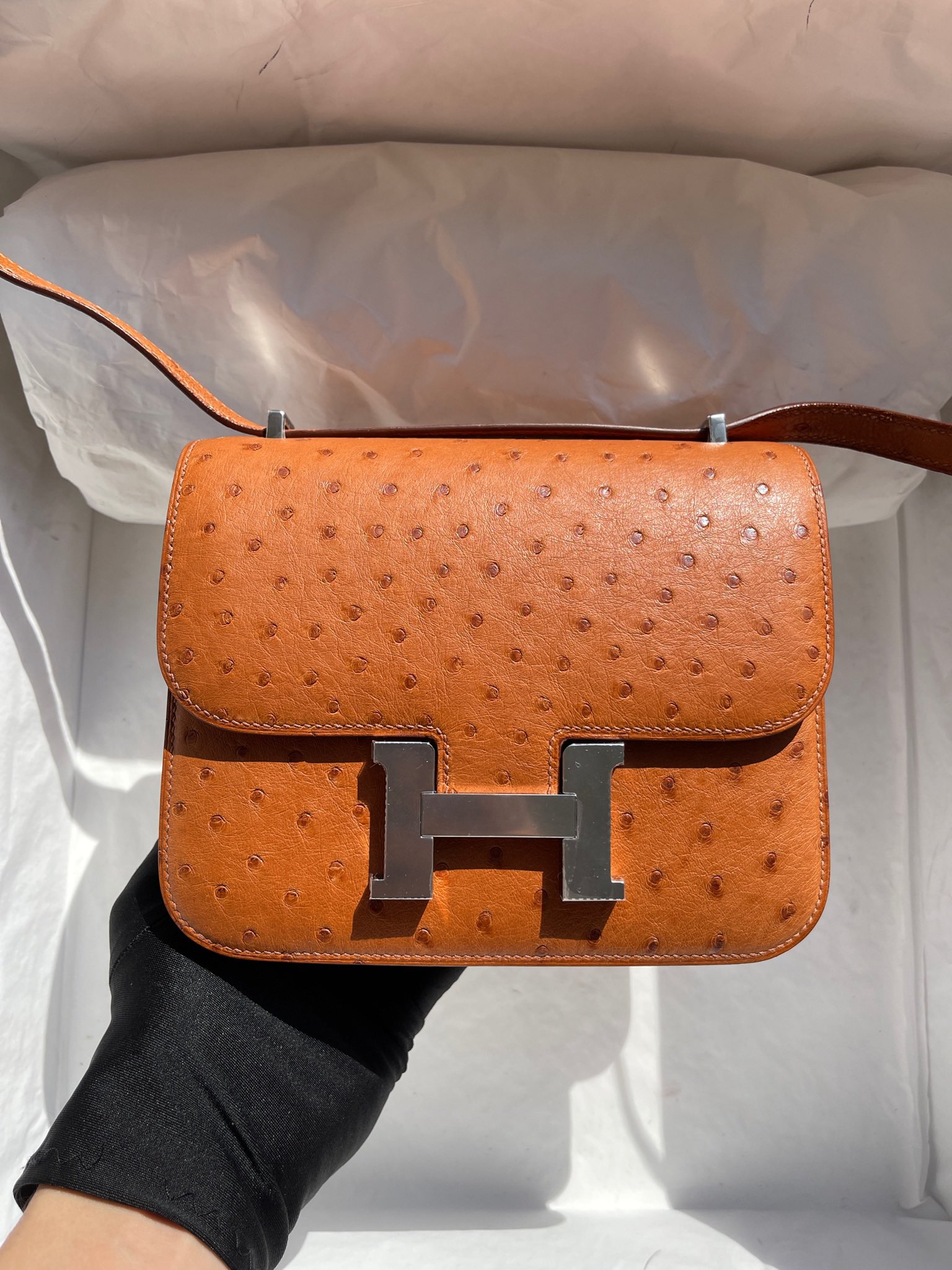 Hermès（爱马仕）Constance 康斯坦斯 Osrtich kk 鸵鸟 金棕色 gold 银扣 18cm 顶级手缝