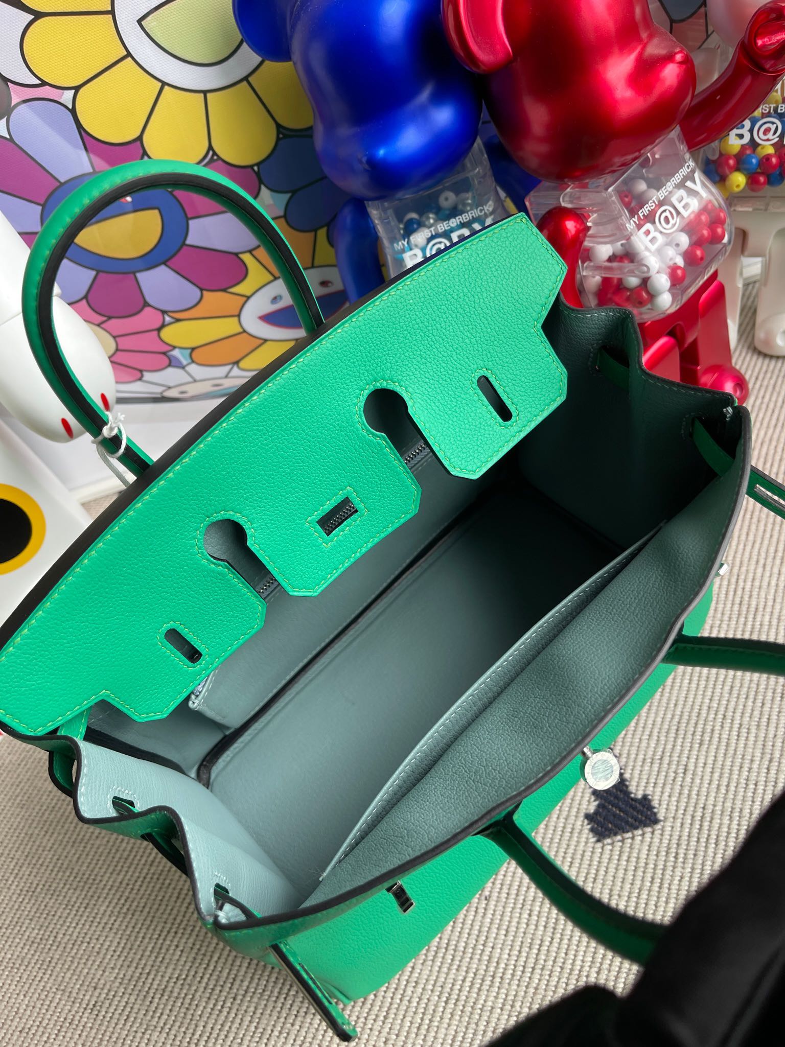 Hermès(爱马仕)Birkin 铂金包 TN皮 U4 丝绒绿 内拼 7G 天青蓝 银扣 25cm 顶级手缝 现货-拉尔森鳄鱼皮具定制 - 爱马仕包包官网 Hermès(爱马仕)Birkin 铂金包 TN皮 U4 丝绒绿 内拼 7G 天青蓝 银扣 25cm 顶级手缝 现货