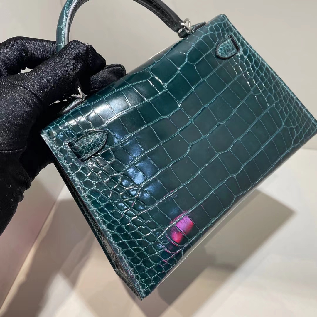 Hermès（爱马仕）Mini Kelly 亮面美洲鳄 6O 松柏绿 银扣 Shiny alligator crocodile 19cm