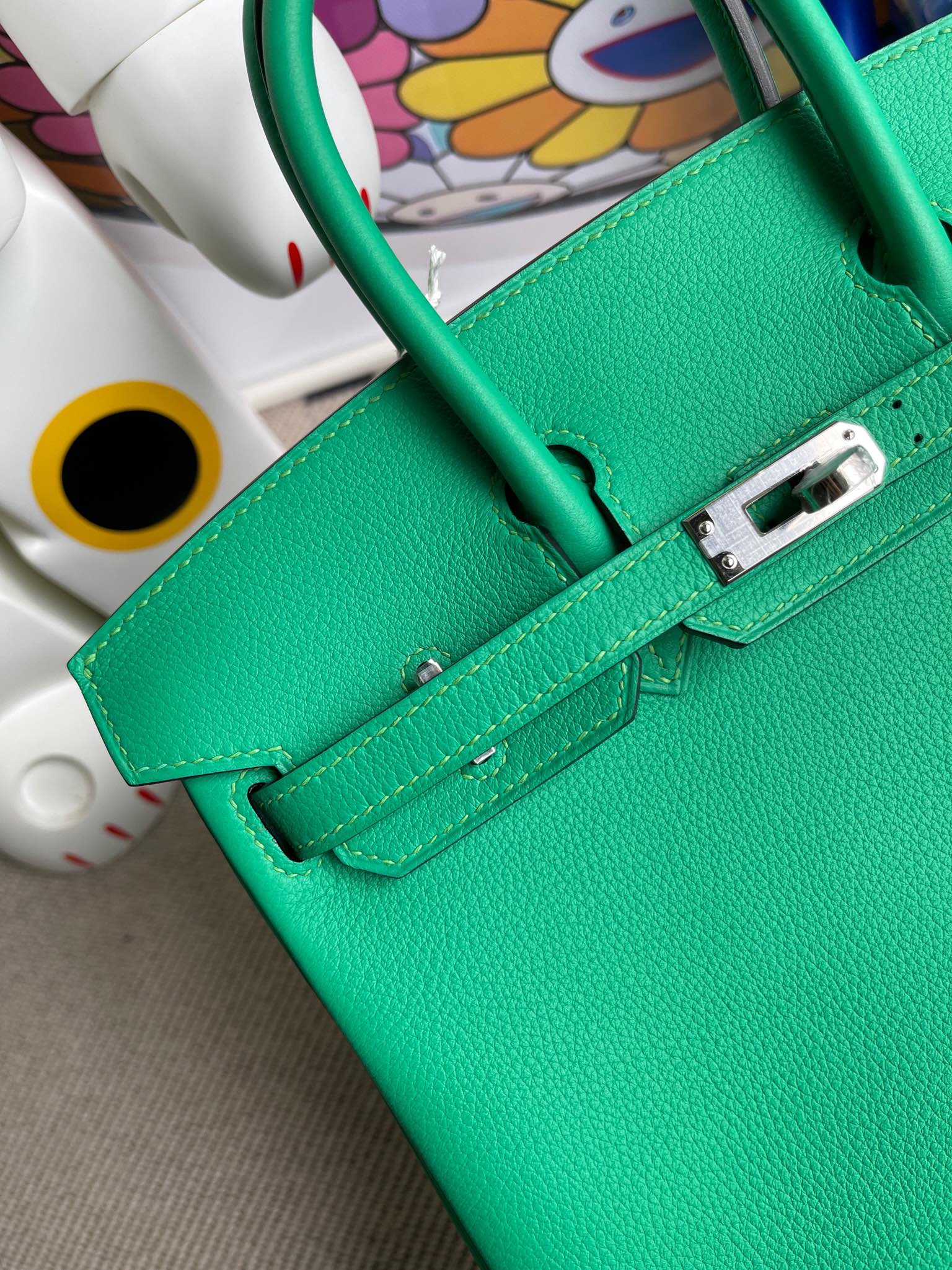 Hermès（爱马仕）Birkin 铂金包 TN皮 U4 丝绒绿 内拼 7G 天青蓝 银扣 25cm 顶级手缝 现货