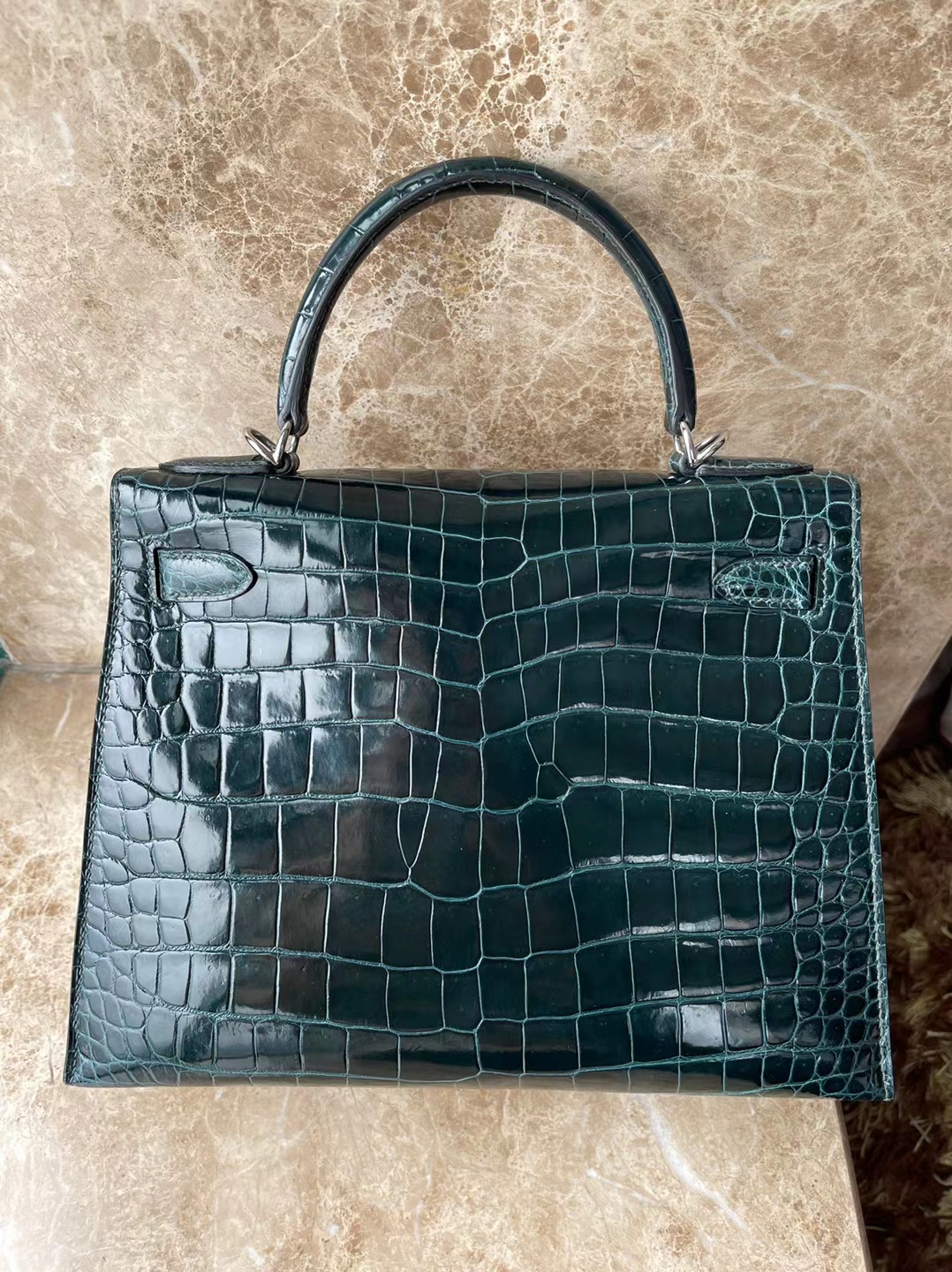 Hermès（爱马仕）Kelly 凯莉包 亮面倒v澳洲湾鳄 1P 鸭子蓝 金扣 28cm 顶级工艺 全手工缝制