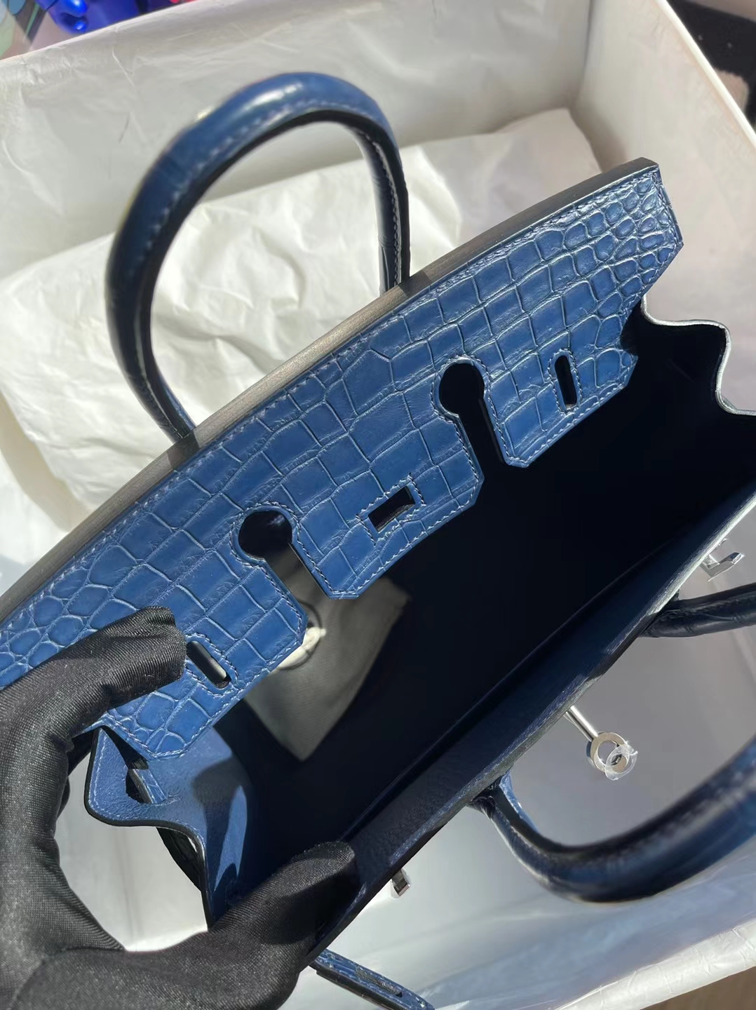 Hermès（爱马仕）Birkin 铂金包 雾面倒v澳洲湾鳄 S4 深邃蓝 Matte porosus crocodile 银扣 25cm