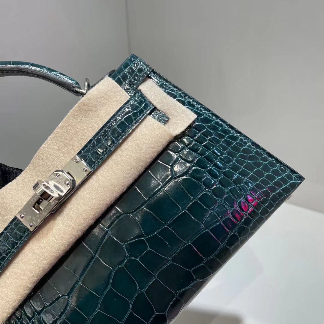 Hermès（爱马仕）Mini Kelly 亮面美洲鳄 6O 松柏绿 银扣 Shiny alligator crocodile 19cm
