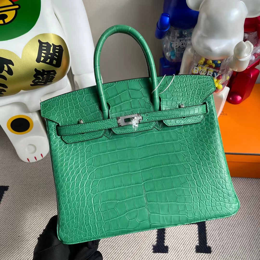 Hermès（爱马仕）Birkin 铂金包 雾面美洲鳄鱼 U4 丝绒绿 银扣 Matter Alligator Crocodile 25cm