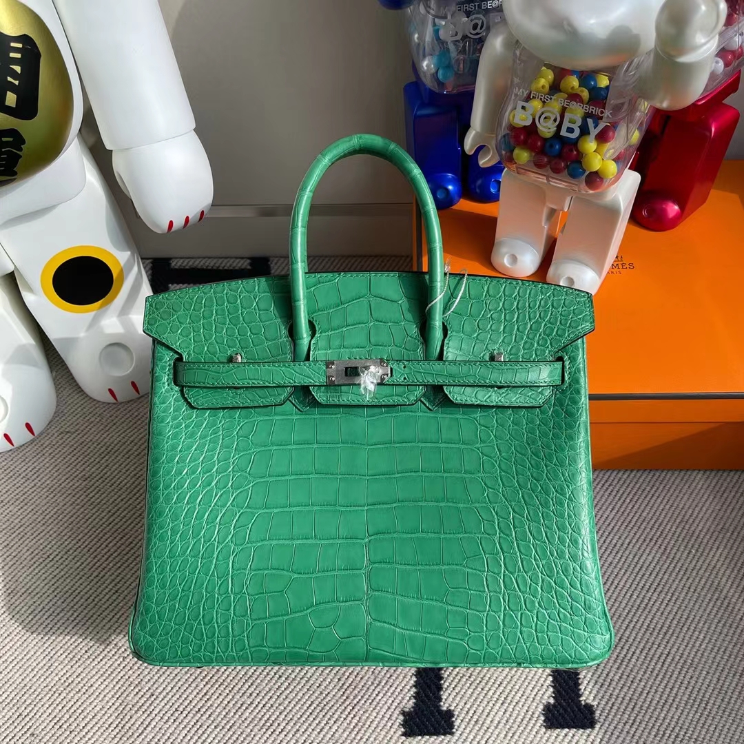 Hermès（爱马仕）Birkin 铂金包 雾面美洲鳄鱼 U4 丝绒绿 银扣 Matter Alligator Crocodile 25cm