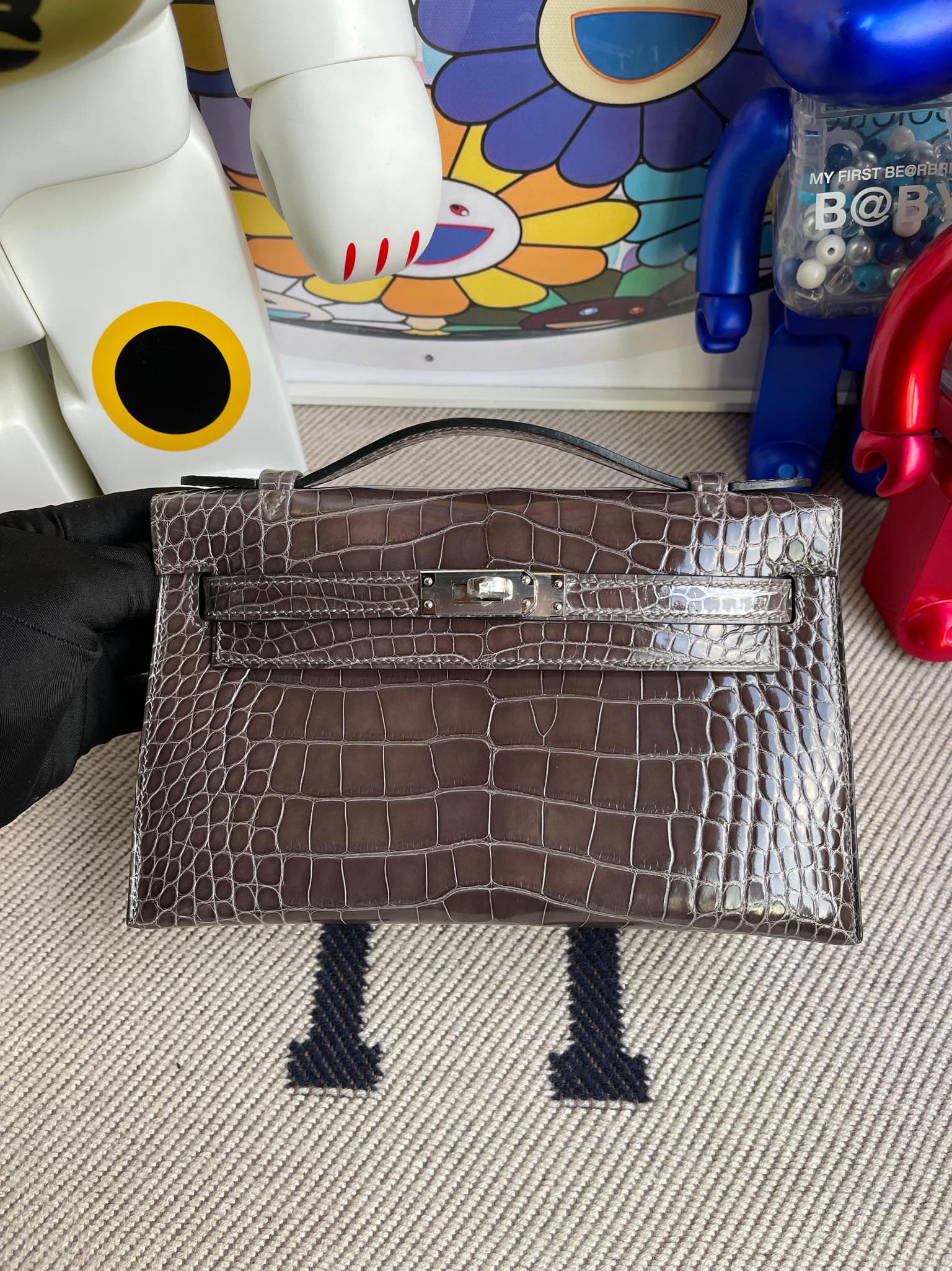 Hermès（爱马仕）Mini kelly pochette Alligator shiny 亮面鳄鱼 石墨灰 graphite 银扣 22cm
