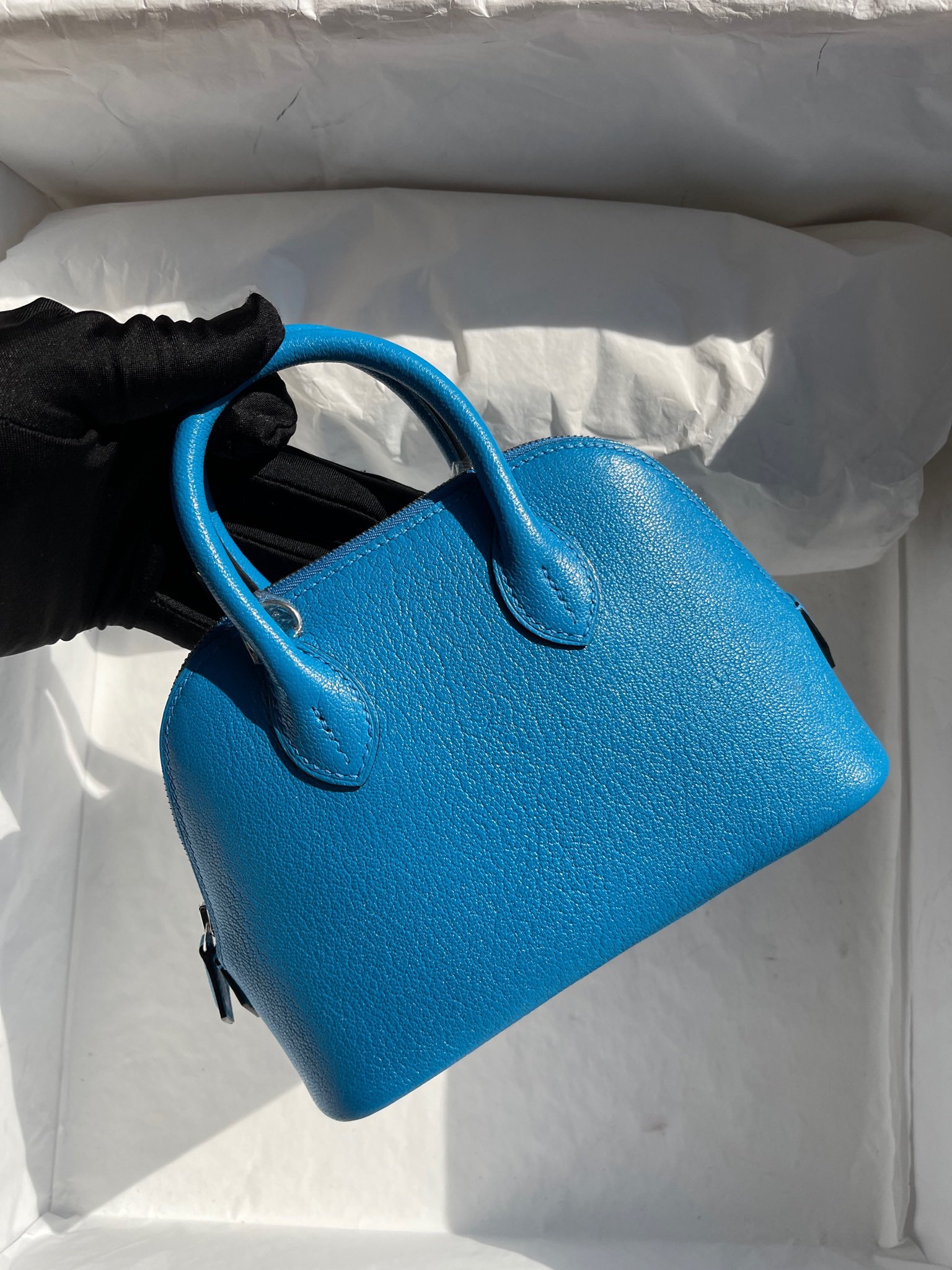 Hermès（爱马仕）Mini Bolide 迷你保龄球包 Chevre F0 佛罗里达蓝 银扣 顶级手缝