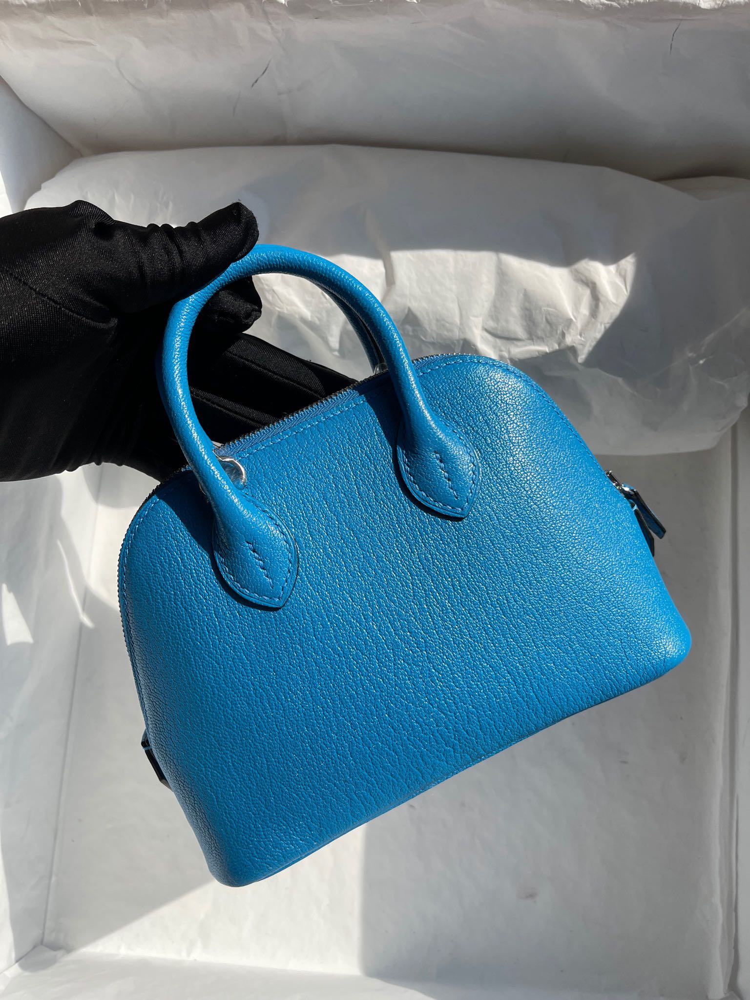 Hermès(爱马仕)Mini Bolide 迷你保龄球包 Chevre F0 佛罗里达蓝 银扣 顶级手缝-拉尔森鳄鱼皮具定制 - 爱马仕包包官网 Hermès(爱马仕)Mini Bolide 迷你保龄球包 Chevre F0 佛罗里达蓝 银扣 顶级手缝