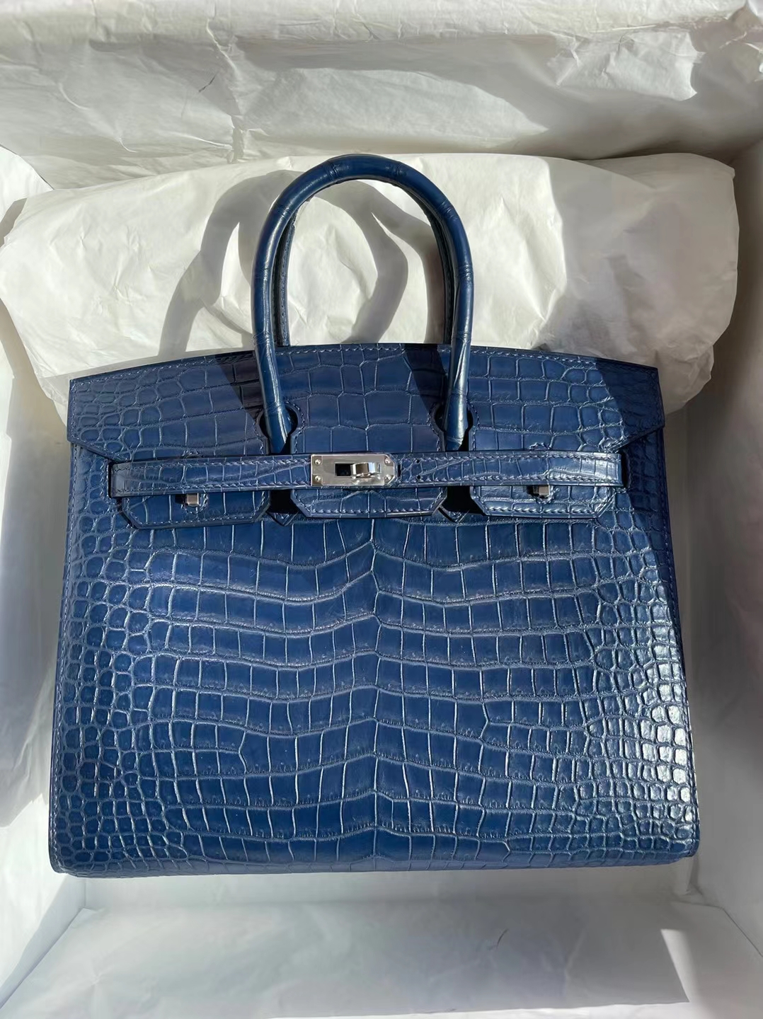 Hermès（爱马仕）Birkin 铂金包 雾面倒v澳洲湾鳄 S4 深邃蓝 Matte porosus crocodile 银扣 25cm