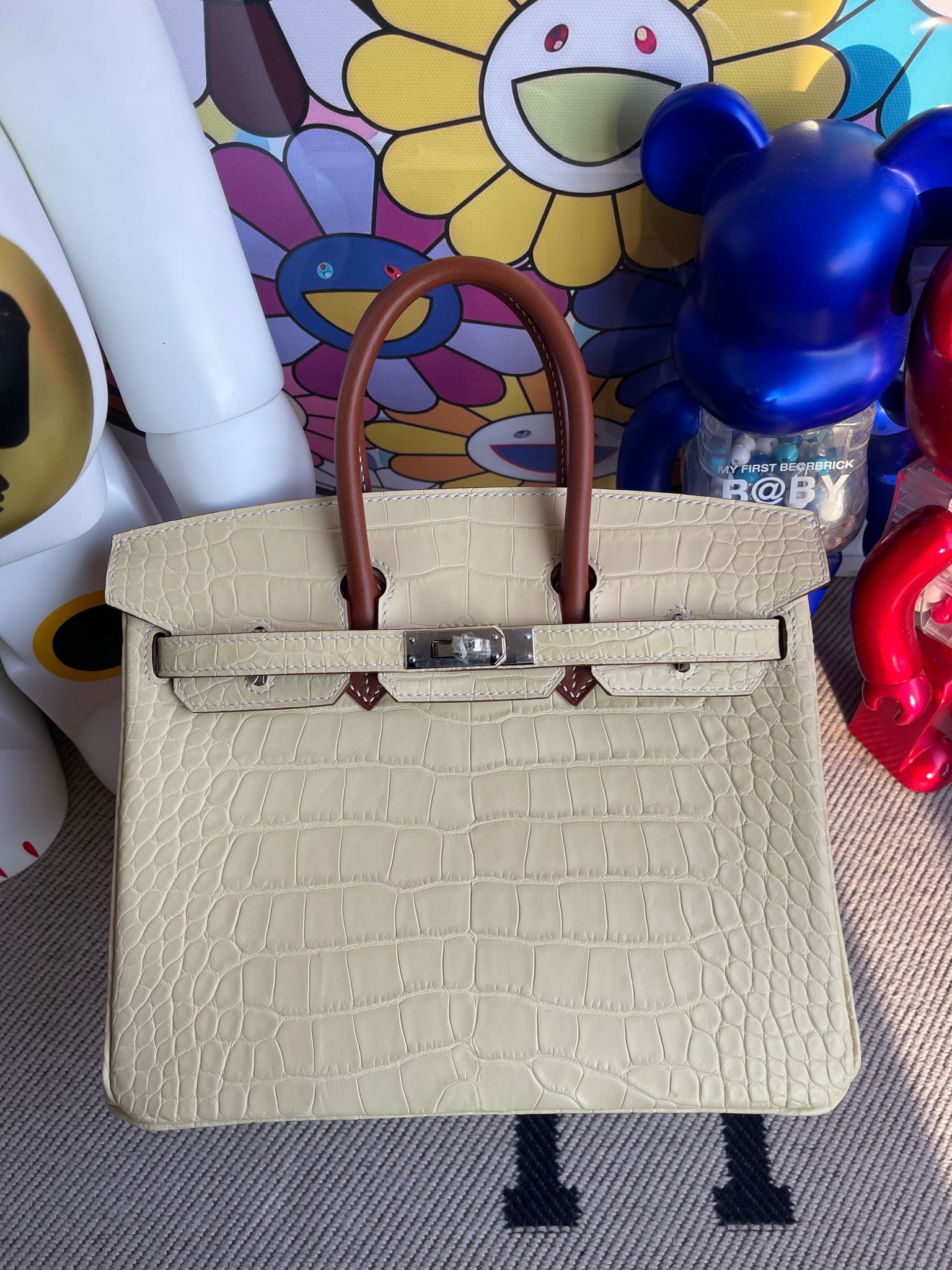 Hermès（爱马仕）Birkin 铂金包 Alligator matt 雾面鳄鱼 香草色拼马鞍皮金棕 银扣 顶级手缝 25cm