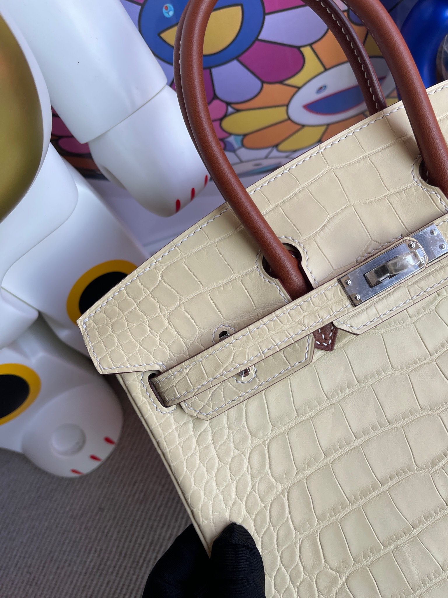 Hermès（爱马仕）Birkin 铂金包 Alligator matt 雾面鳄鱼 香草色拼马鞍皮金棕 银扣 顶级手缝 25cm