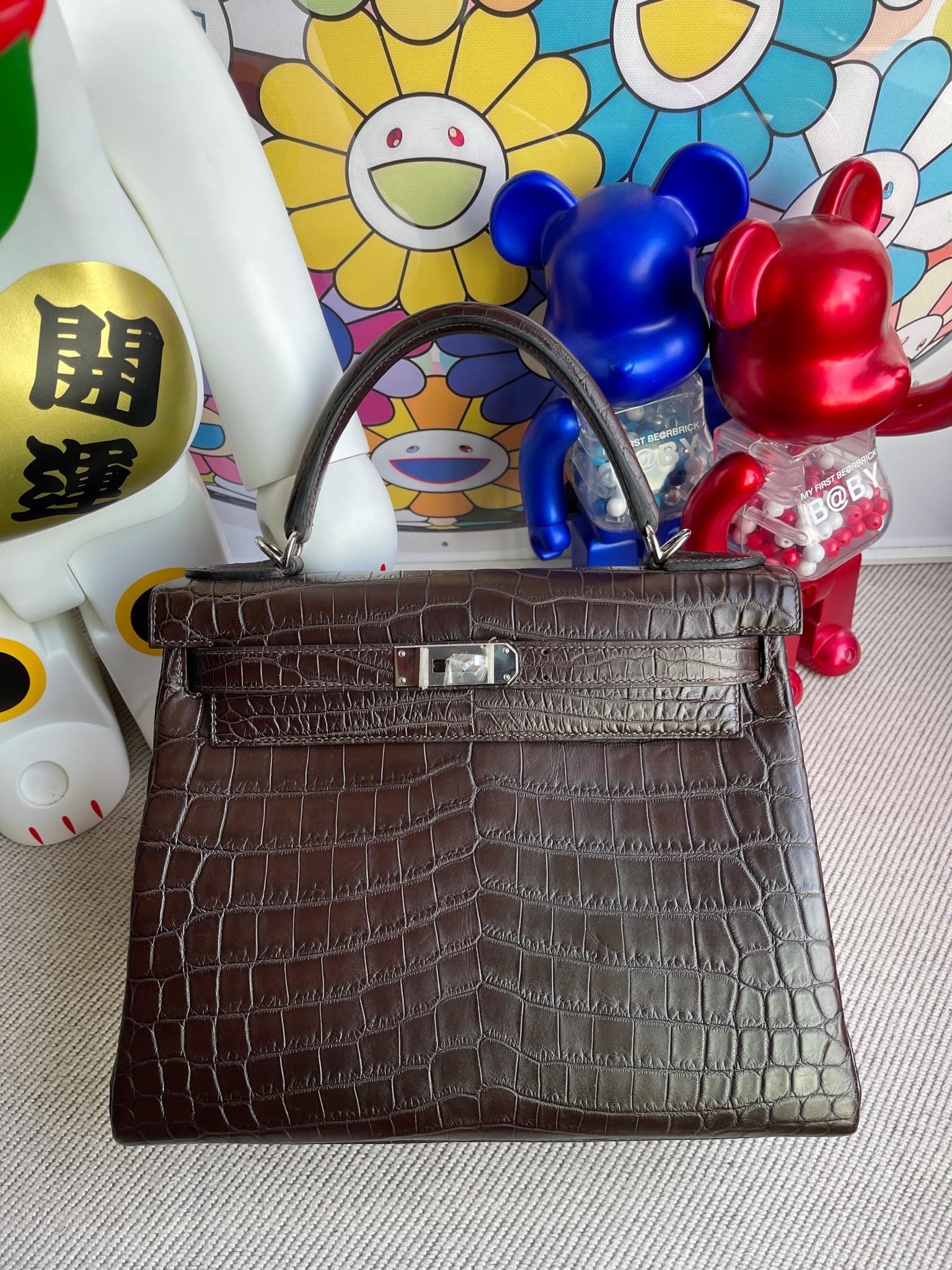 Hermès（爱马仕）Kelly 28cm Alligator matt 雾面鳄鱼 咖啡色 银扣 顶级手缝
