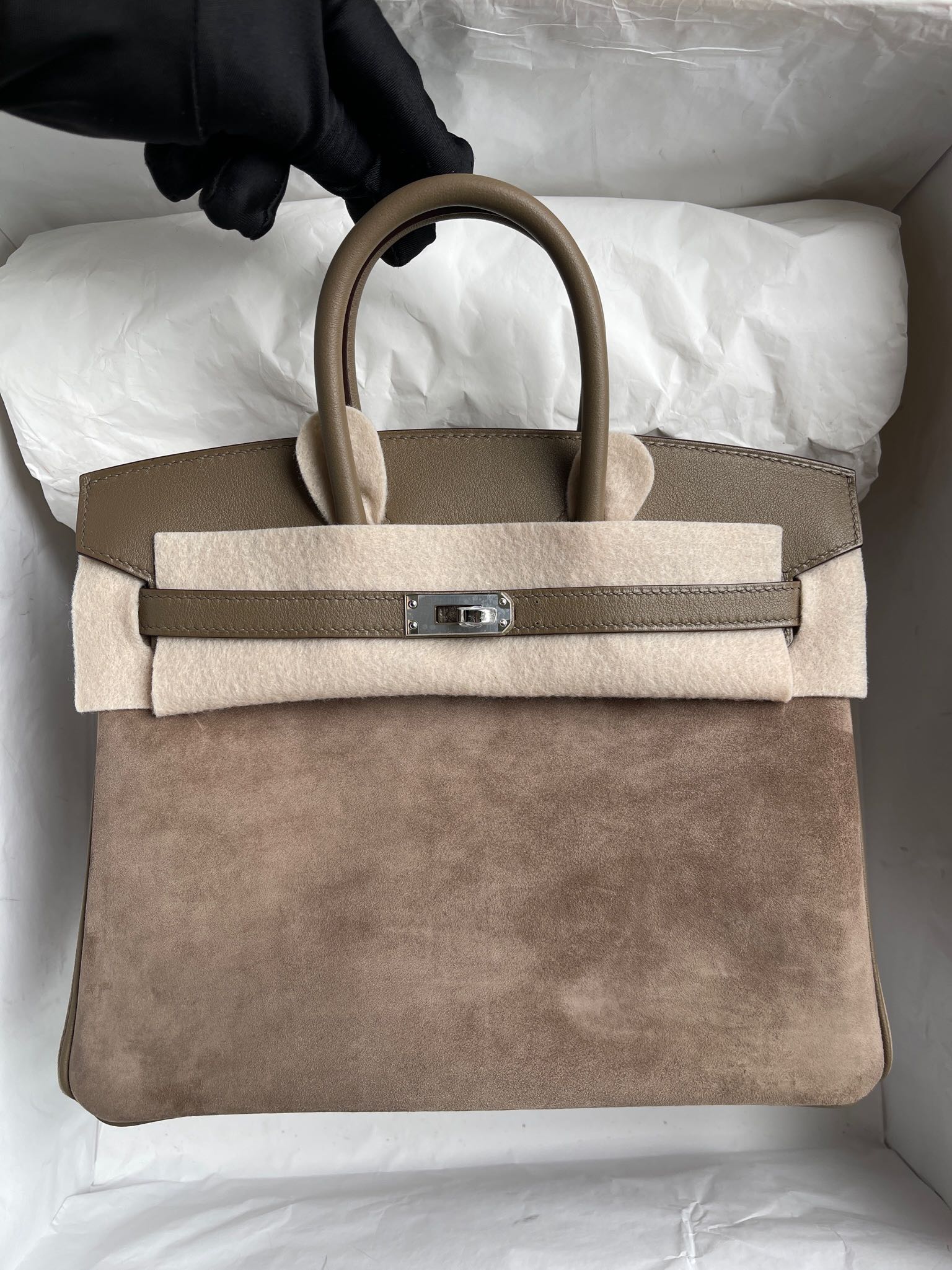 Hermès(爱马仕)Birkin 铂金包 麂皮 拼 swift 灰色 拼 大象灰 银扣 25cm 顶级手缝-拉尔森鳄鱼皮具定制 - 爱马仕包包官网 Hermès(爱马仕)Birkin 铂金包 麂皮 拼 swift 灰色 拼 大象灰 银扣 25cm 顶级手缝