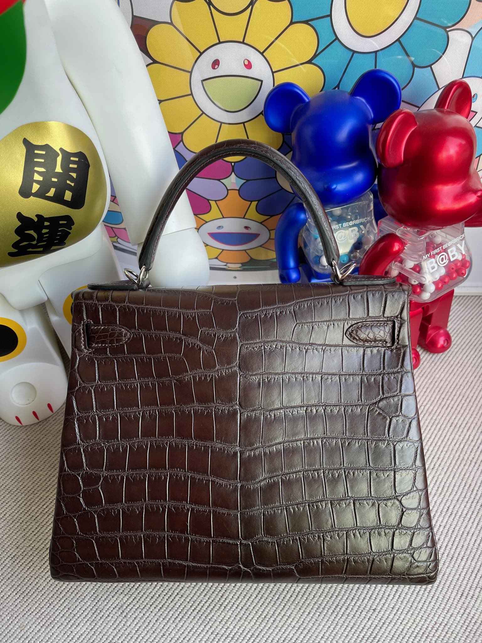 Hermès（爱马仕）Kelly 28cm Alligator matt 雾面鳄鱼 咖啡色 银扣 顶级手缝