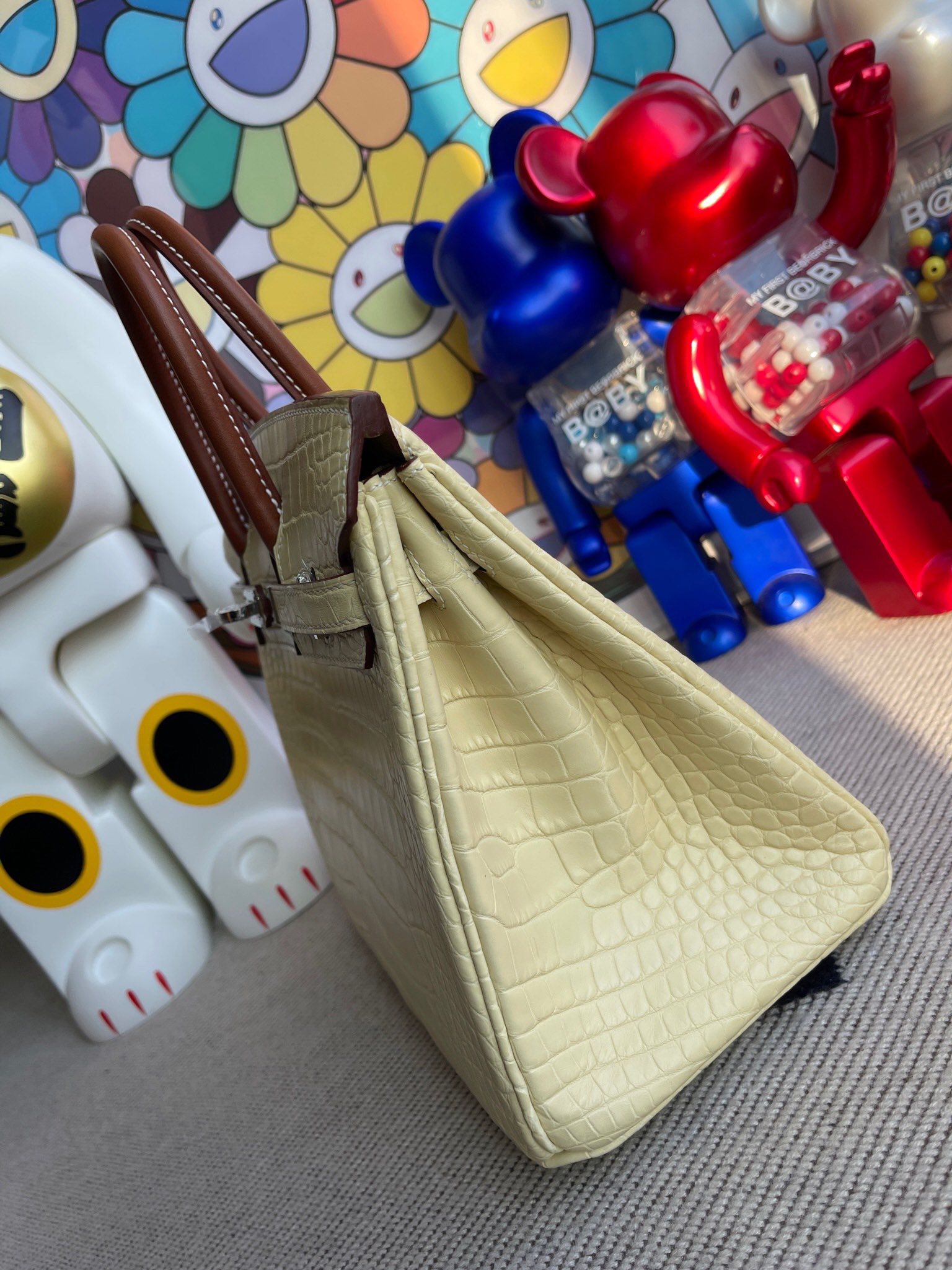 Hermès（爱马仕）Birkin 铂金包 Alligator matt 雾面鳄鱼 香草色拼马鞍皮金棕 银扣 顶级手缝 25cm