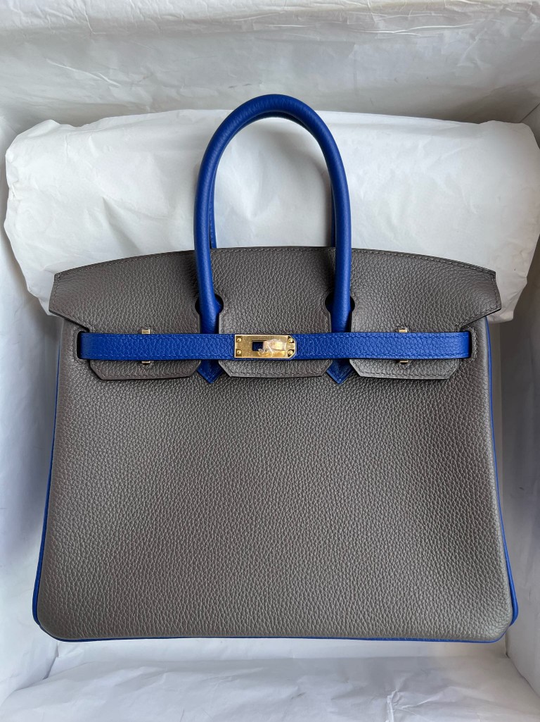 Hermès(爱马仕)Birkin 铂金包 原厂小牛皮 togo 8F 锡器灰 拼 琉璃蓝 金扣 马蹄印 25cm 顶级手缝-拉尔森鳄鱼皮具定制 - 爱马仕包包官网 Hermès(爱马仕)Birkin 铂金包 原厂小牛皮 togo 8F 锡器灰 拼 琉璃蓝 金扣 马蹄印 25cm 顶级手缝