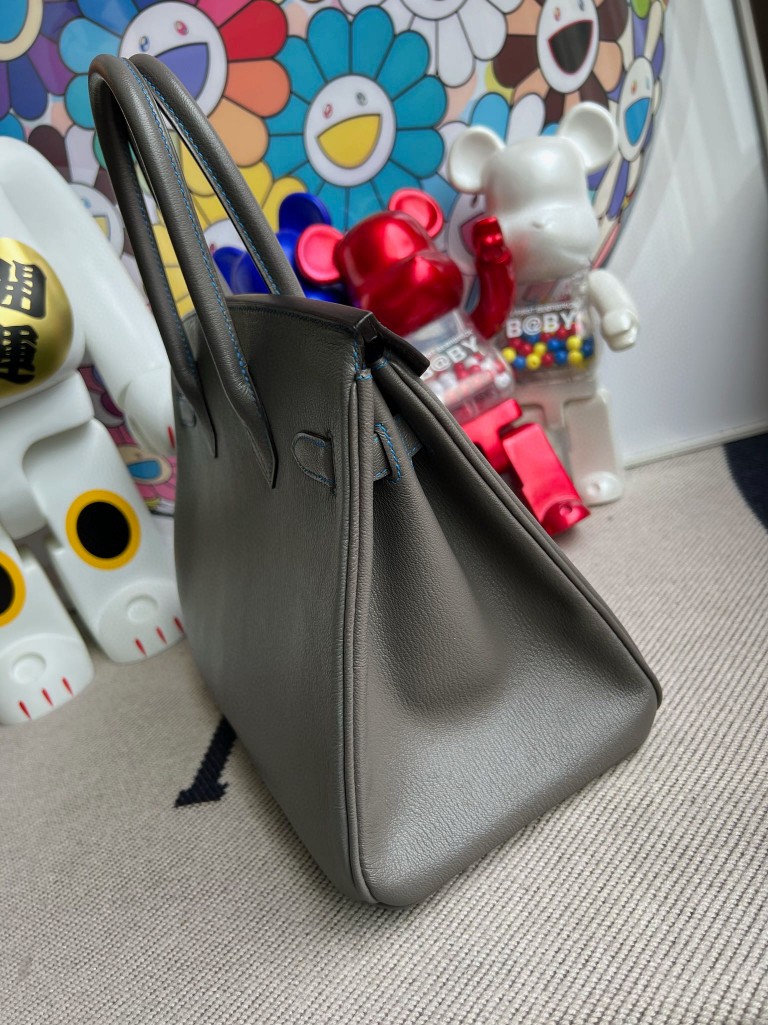 Hermès（爱马仕）Birkin 铂金包 Chevre 山羊皮 8F 锡器灰 内拼 水妖蓝 金扣 马蹄印 30cm 顶级手缝