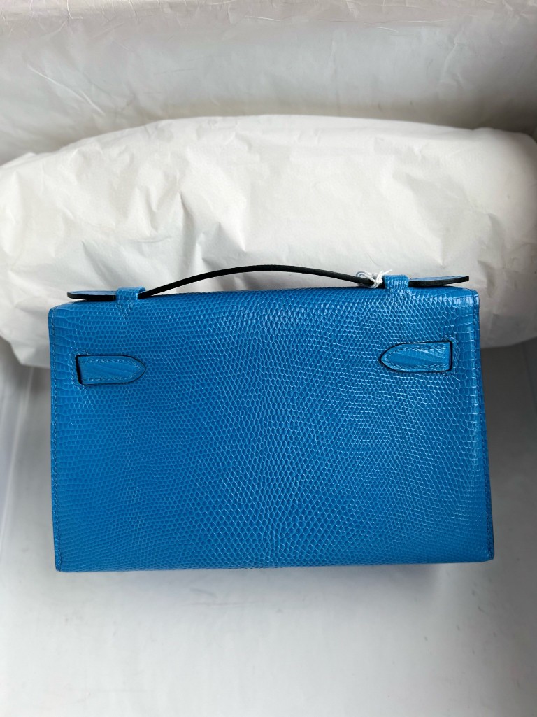 Hermès（爱马仕）Mini pochette Lizard 进口亮面蜥蜴 7Q 希腊蓝 银扣 22cm 顶级手缝