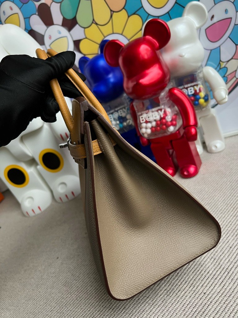 Hermès（爱马仕）Birkin 铂金包 Epsom 原厂掌纹皮 芝麻色 拼 大象灰 内拼 深海蓝 银扣 25cm 顶级手缝