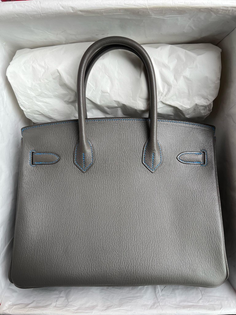 Hermès（爱马仕）Birkin 铂金包 Chevre 山羊皮 8F 锡器灰 内拼 水妖蓝 金扣 马蹄印 30cm 顶级手缝