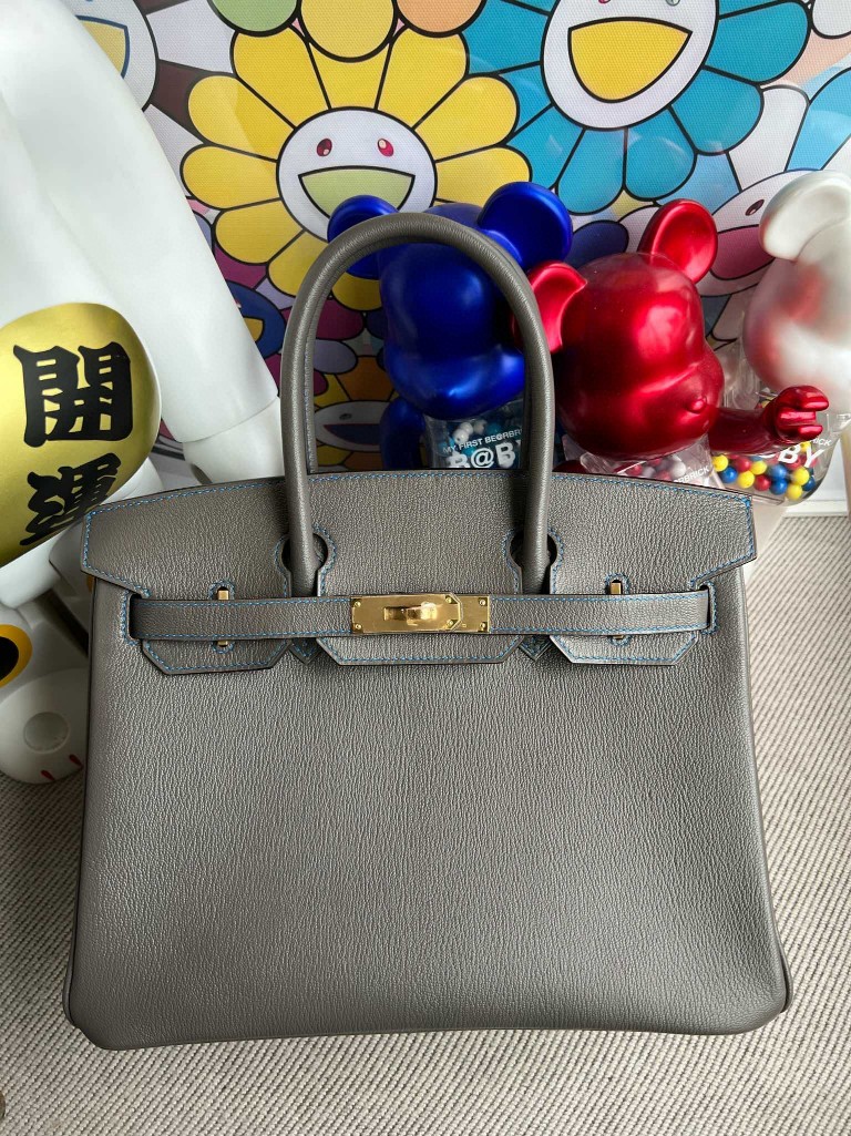 Hermès（爱马仕）Birkin 铂金包 Chevre 山羊皮 8F 锡器灰 内拼 水妖蓝 金扣 马蹄印 30cm 顶级手缝