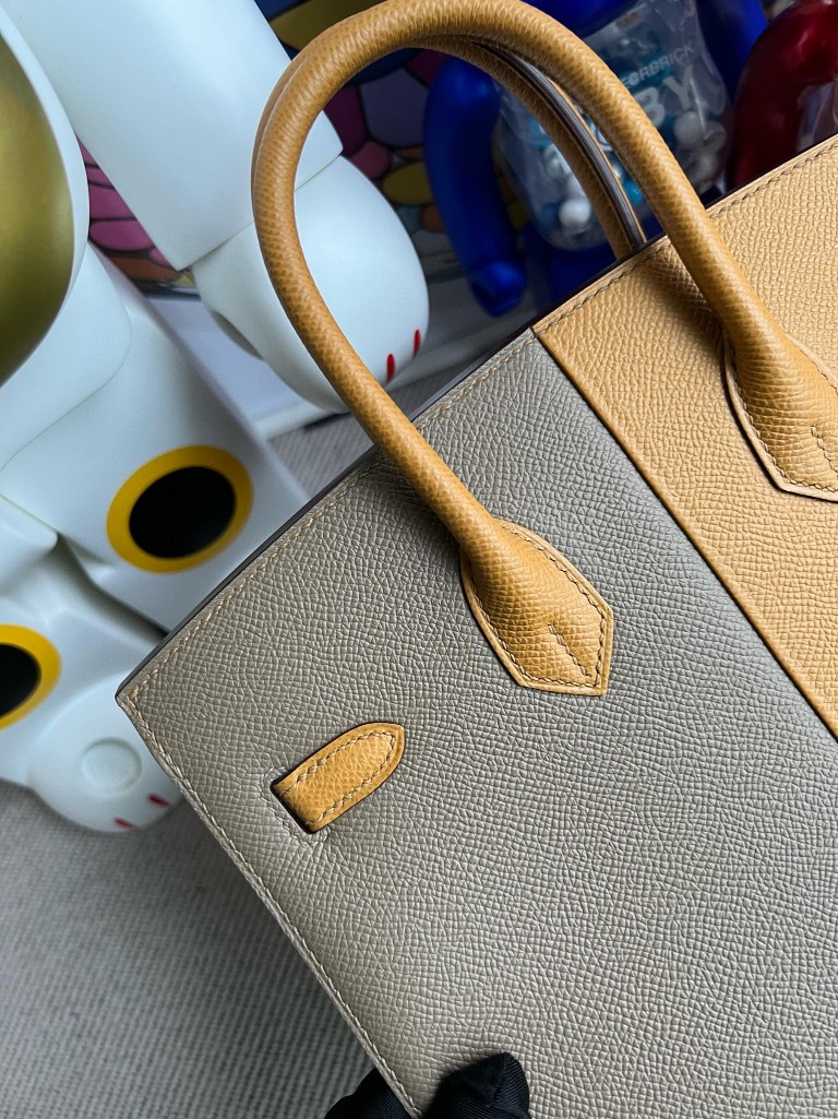 Hermès（爱马仕）Birkin 铂金包 Epsom 原厂掌纹皮 芝麻色 拼 大象灰 内拼 深海蓝 银扣 25cm 顶级手缝