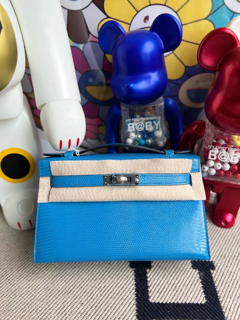 Hermès（爱马仕）Mini pochette Lizard 进口亮面蜥蜴 7Q 希腊蓝 银扣 22cm 顶级手缝