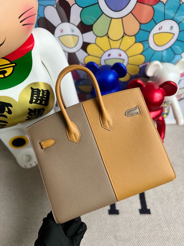 Hermès（爱马仕）Birkin 铂金包 Epsom 原厂掌纹皮 芝麻色 拼 大象灰 内拼 深海蓝 银扣 25cm 顶级手缝