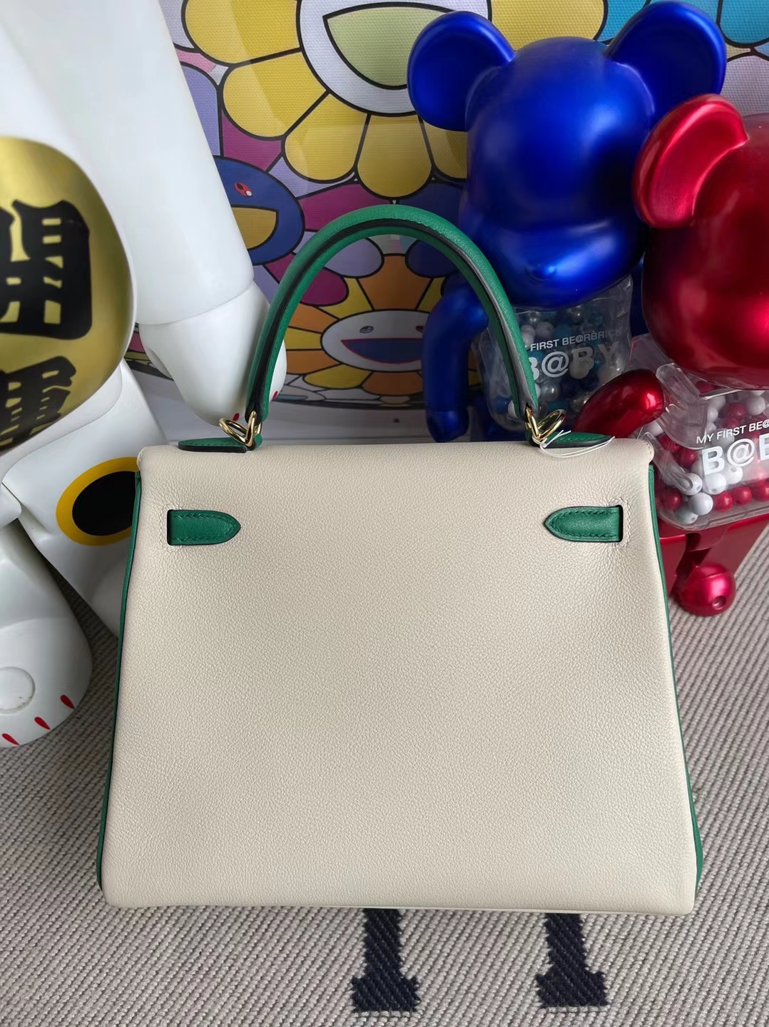 Hermès（爱马仕）Kelly 凯莉包 Hss Evercolor Ck10 奶昔白 拼 U4 丝绒绿 金扣 25cm