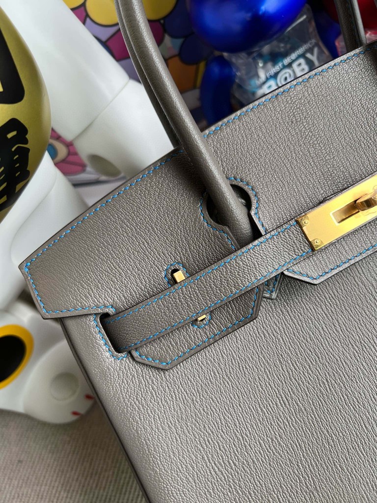Hermès（爱马仕）Birkin 铂金包 Chevre 山羊皮 8F 锡器灰 内拼 水妖蓝 金扣 马蹄印 30cm 顶级手缝