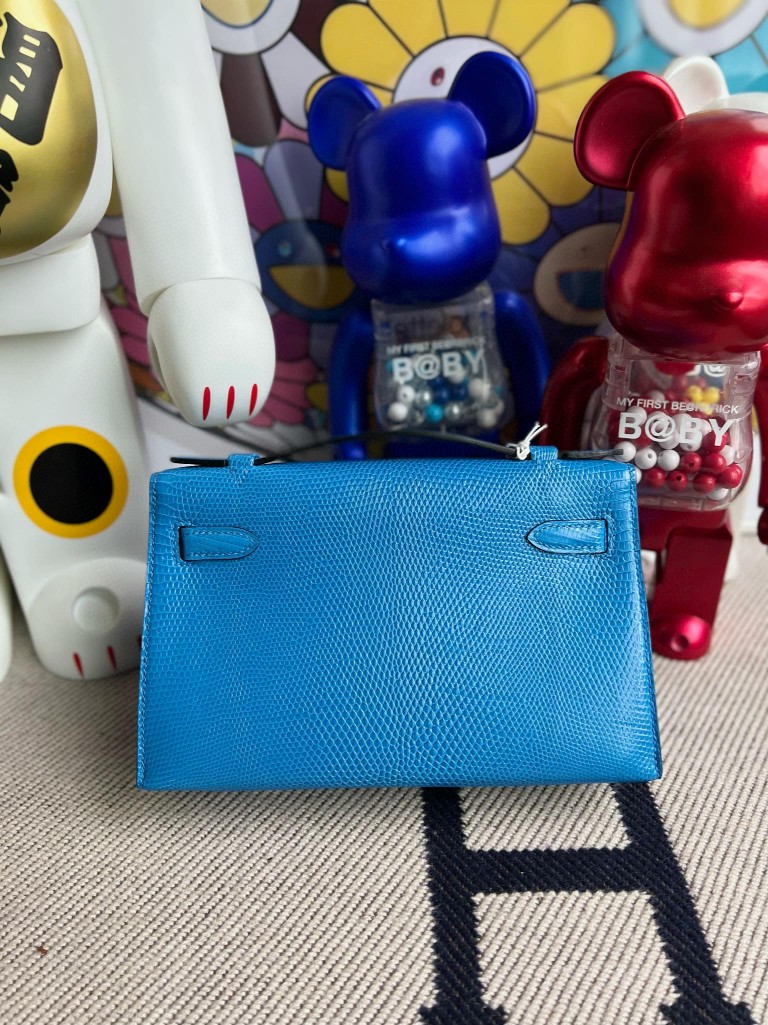 Hermès（爱马仕）Mini pochette Lizard 进口亮面蜥蜴 7Q 希腊蓝 银扣 22cm 顶级手缝