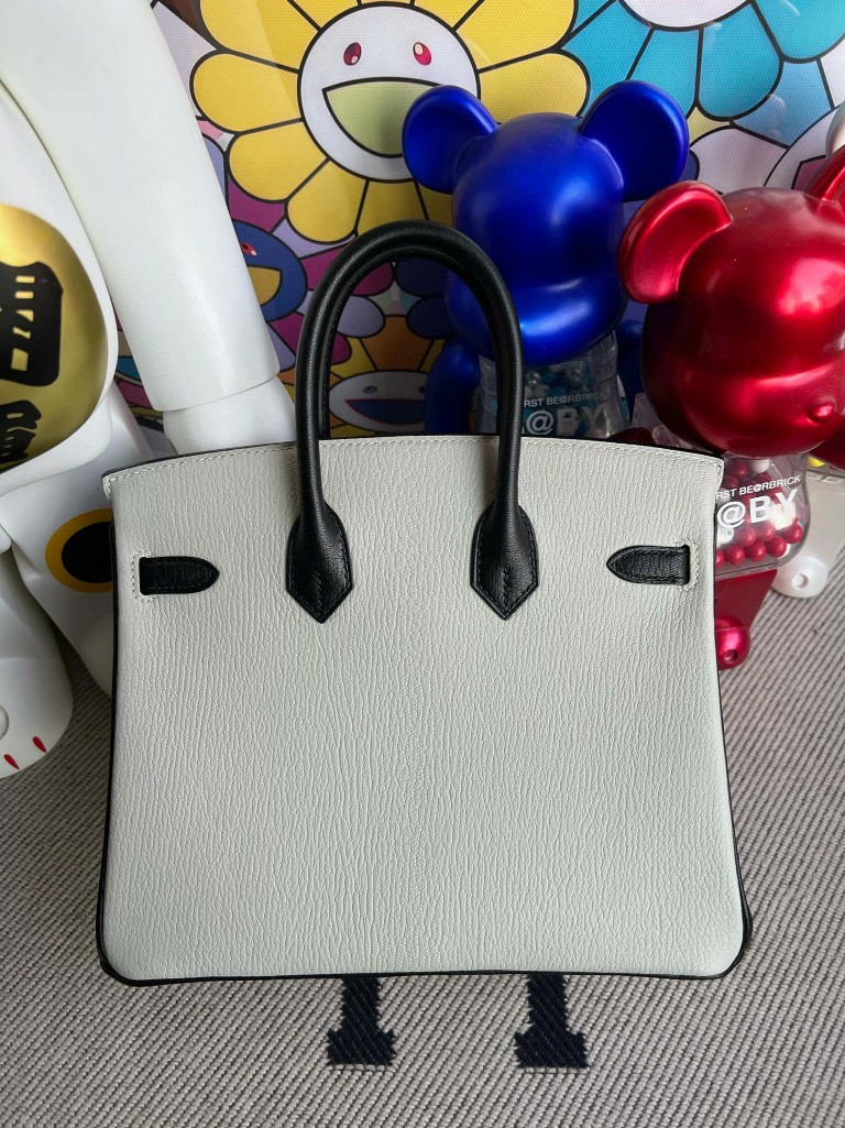 Hermès（爱马仕）Birkin 铂金包 Chevre 山羊皮 熊猫 拼 奶昔白 拼 黑色 银扣 25cm 顶级手缝 定制