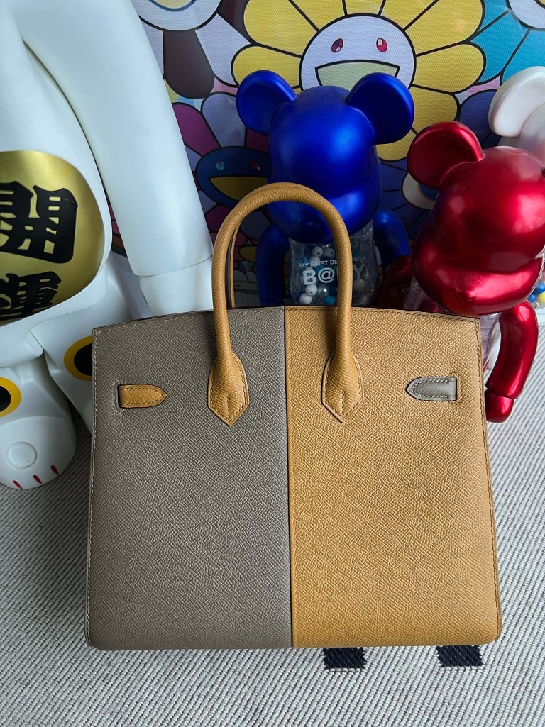 Hermès（爱马仕）Birkin 铂金包 Epsom 原厂掌纹皮 芝麻色 拼 大象灰 内拼 深海蓝 银扣 25cm 顶级手缝