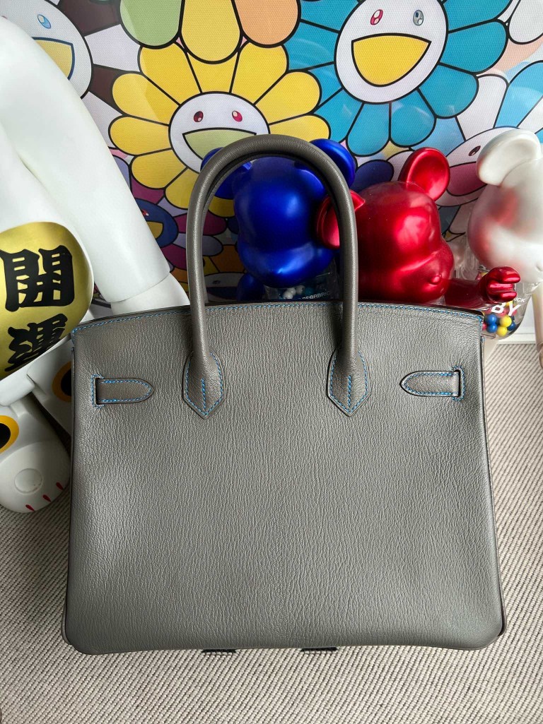 Hermès（爱马仕）Birkin 铂金包 Chevre 山羊皮 8F 锡器灰 内拼 水妖蓝 金扣 马蹄印 30cm 顶级手缝