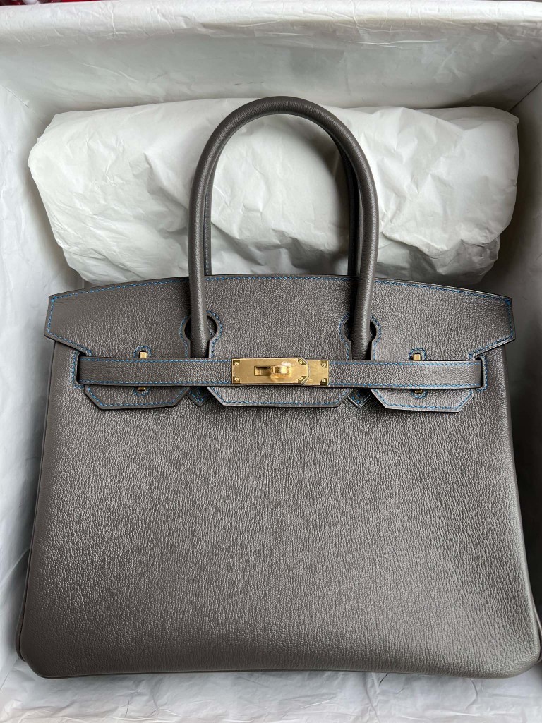 Hermès（爱马仕）Birkin 铂金包 Chevre 山羊皮 8F 锡器灰 内拼 水妖蓝 金扣 马蹄印 30cm 顶级手缝