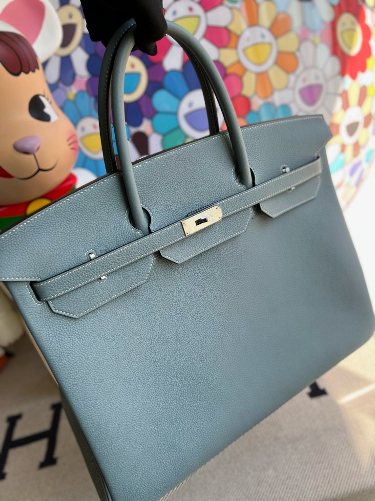 Hermès(爱马仕)Birkin 铂金包 原厂小牛皮 togo J7 亚麻蓝 内拼 紫藤色 银扣 35cm 顶级手缝-拉尔森鳄鱼皮具定制 - 爱马仕包包官网 Hermès(爱马仕)Birkin 铂金包 原厂小牛皮 togo J7 亚麻蓝 内拼 紫藤色 银扣 35cm 顶级手缝