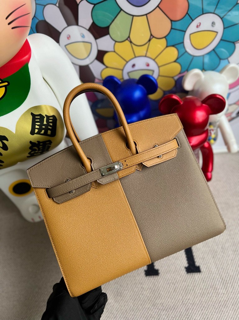 Hermès（爱马仕）Birkin 铂金包 Epsom 原厂掌纹皮 芝麻色 拼 大象灰 内拼 深海蓝 银扣 25cm 顶级手缝