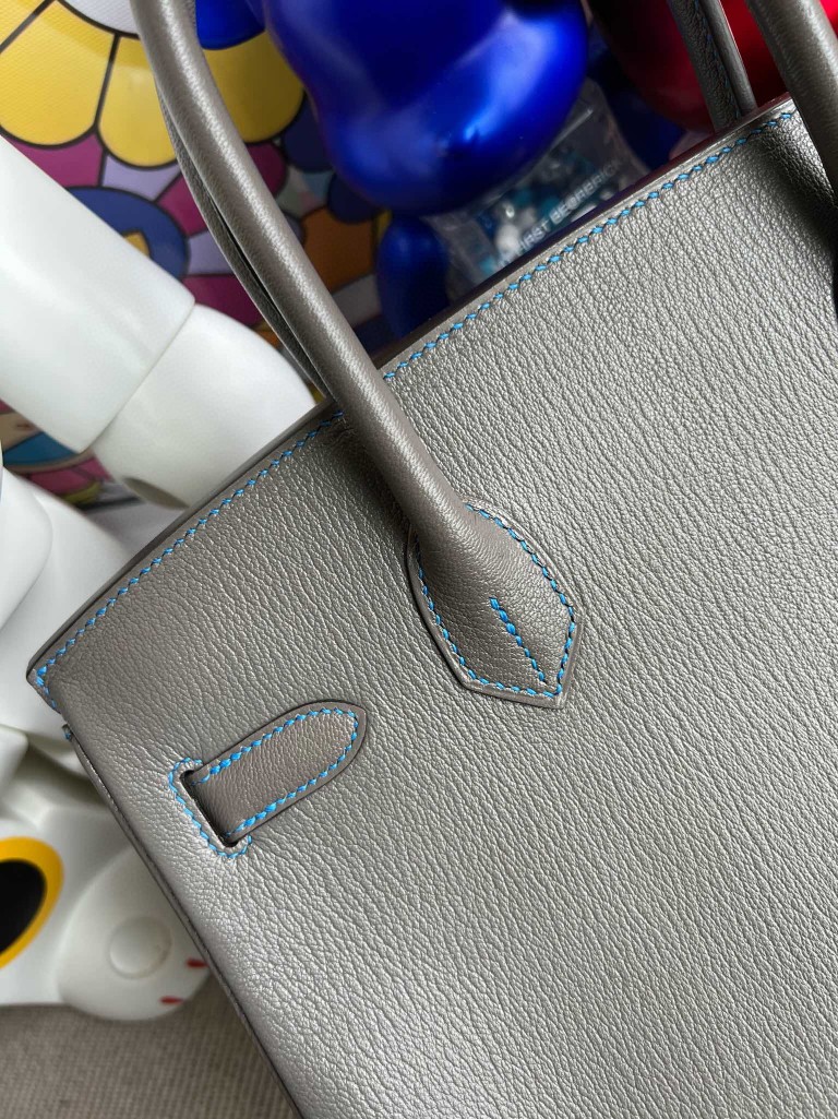 Hermès（爱马仕）Birkin 铂金包 Chevre 山羊皮 8F 锡器灰 内拼 水妖蓝 金扣 马蹄印 30cm 顶级手缝
