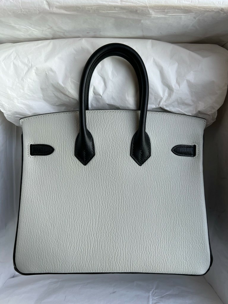 Hermès（爱马仕）Birkin 铂金包 Chevre 山羊皮 熊猫 拼 奶昔白 拼 黑色 银扣 25cm 顶级手缝 定制