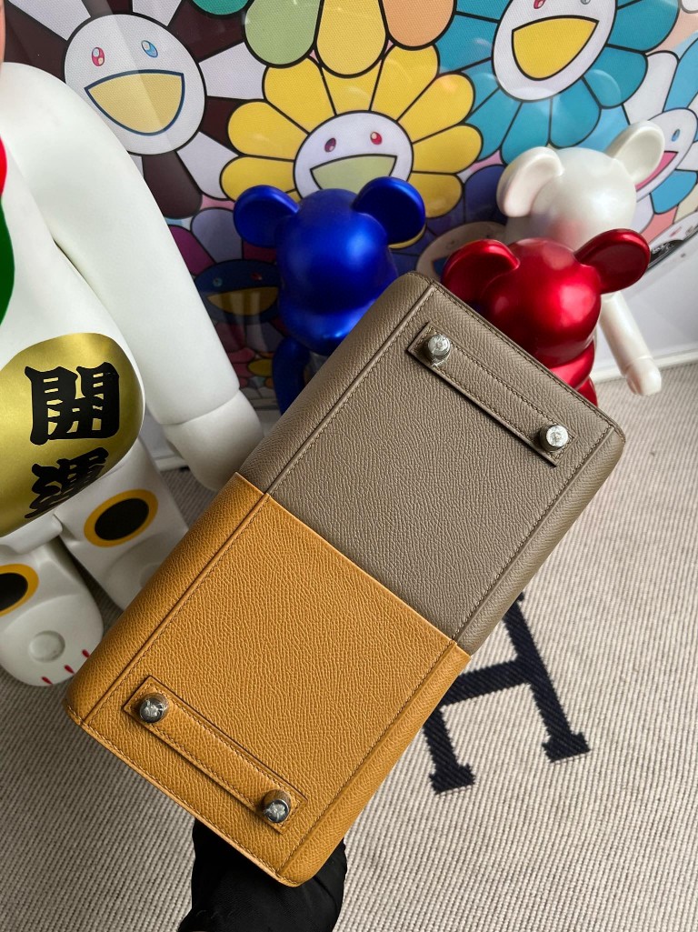 Hermès（爱马仕）Birkin 铂金包 Epsom 原厂掌纹皮 芝麻色 拼 大象灰 内拼 深海蓝 银扣 25cm 顶级手缝