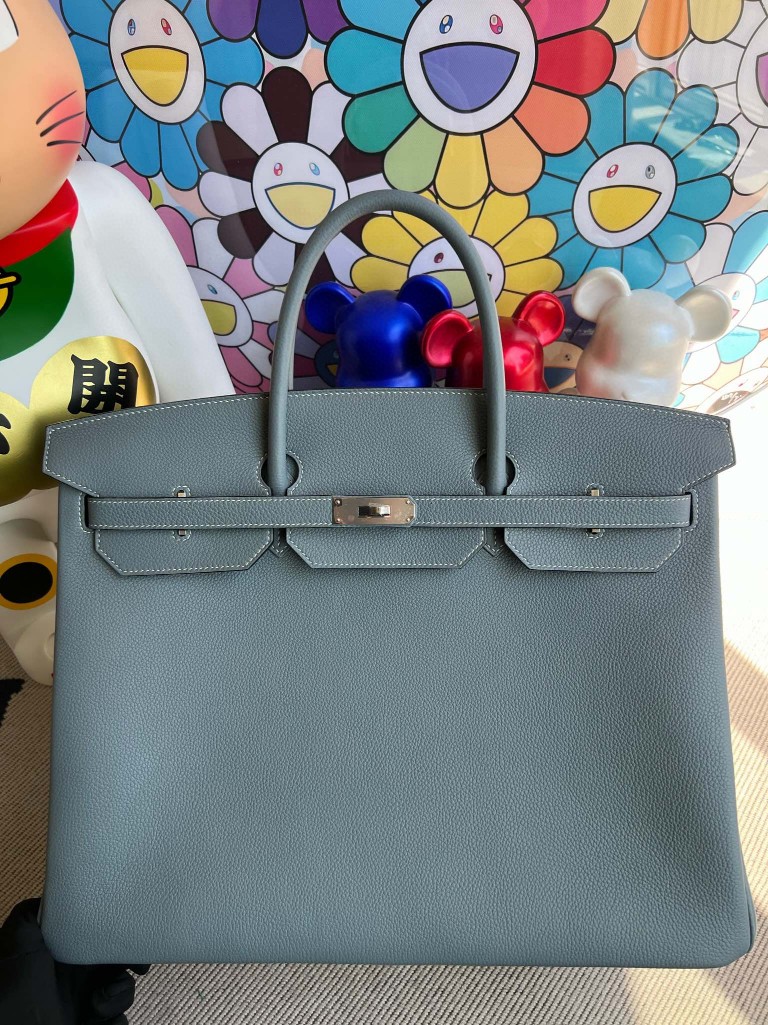 Hermès(爱马仕)Birkin 铂金包 原厂小牛皮 togo J7 亚麻蓝 内拼 紫藤色 银扣 35cm 顶级手缝-拉尔森鳄鱼皮具定制 - 爱马仕包包官网 Hermès(爱马仕)Birkin 铂金包 原厂小牛皮 togo J7 亚麻蓝 内拼 紫藤色 银扣 35cm 顶级手缝