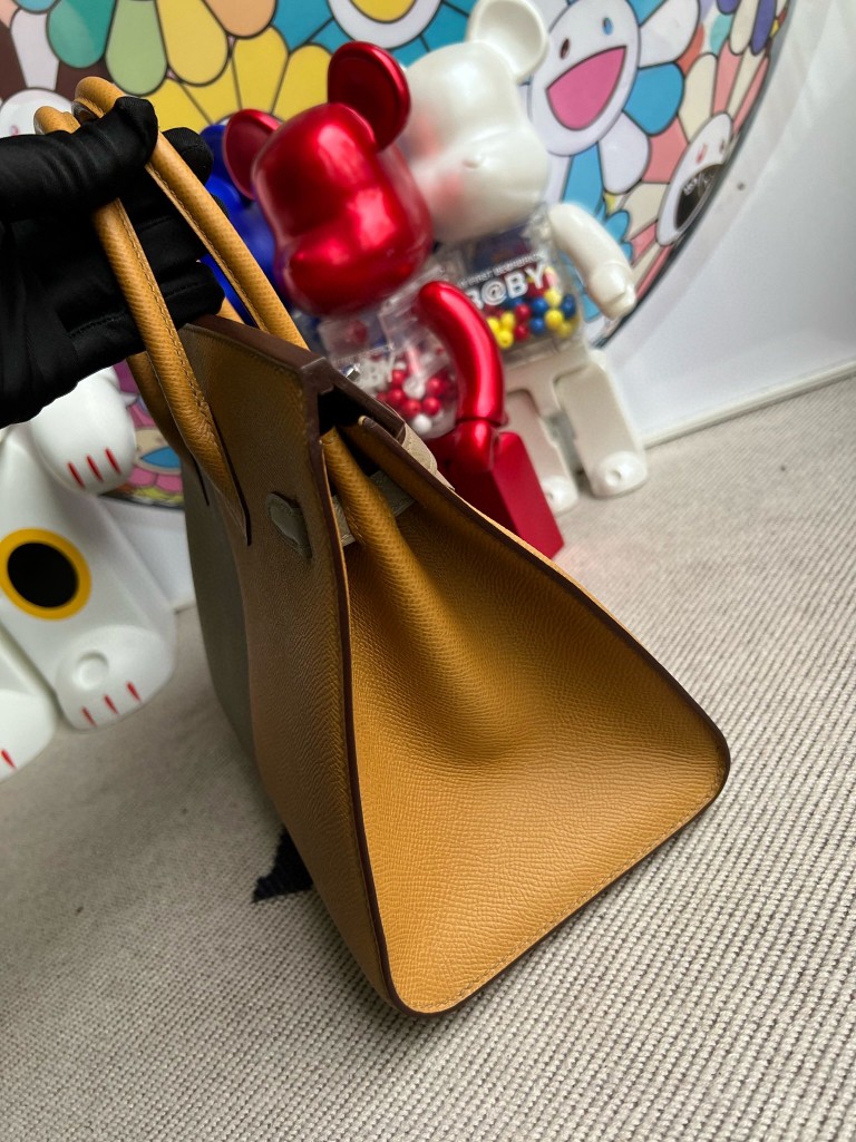 Hermès（爱马仕）Birkin 铂金包 Epsom 原厂掌纹皮 芝麻色 拼 大象灰 内拼 深海蓝 银扣 25cm 顶级手缝