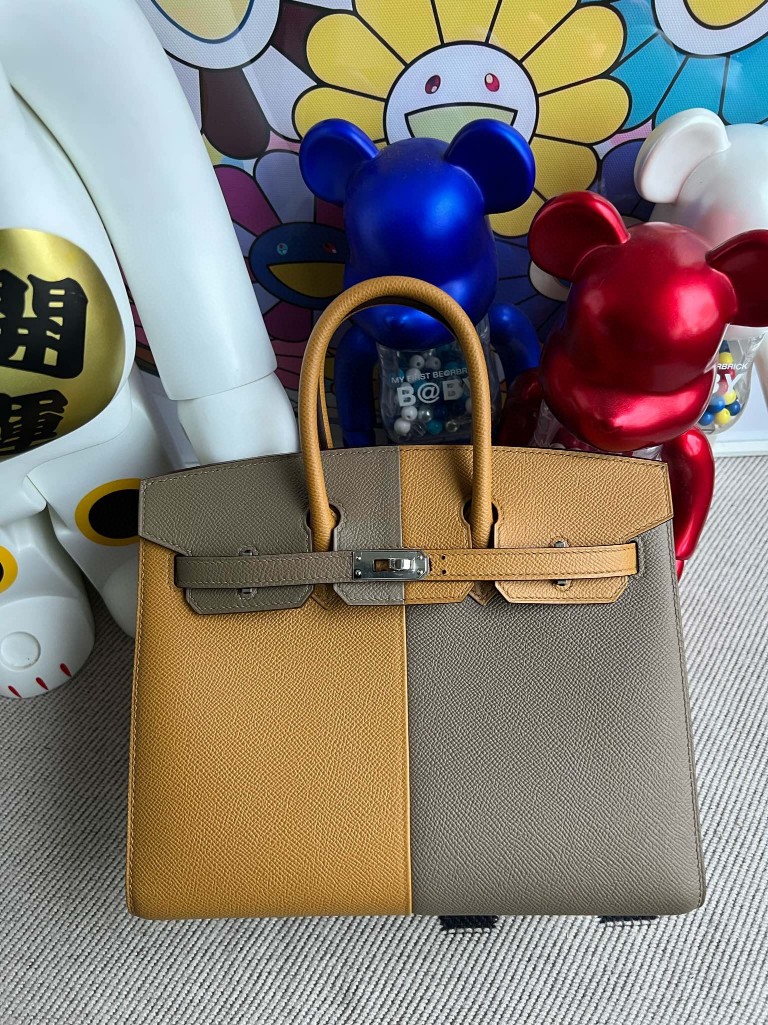 Hermès（爱马仕）Birkin 铂金包 Epsom 原厂掌纹皮 芝麻色 拼 大象灰 内拼 深海蓝 银扣 25cm 顶级手缝