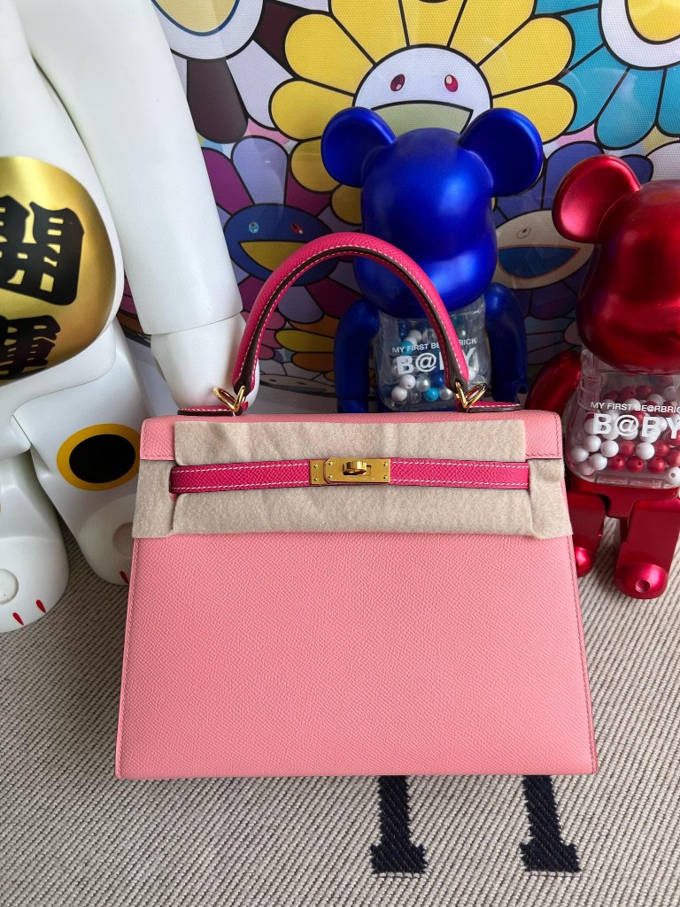Hermès（爱马仕）Kelly 凯莉包 Epsom 原厂掌纹皮 1Q 奶昔粉 拼 E5 糖果粉 金扣 25cm 马蹄印 顶级手缝